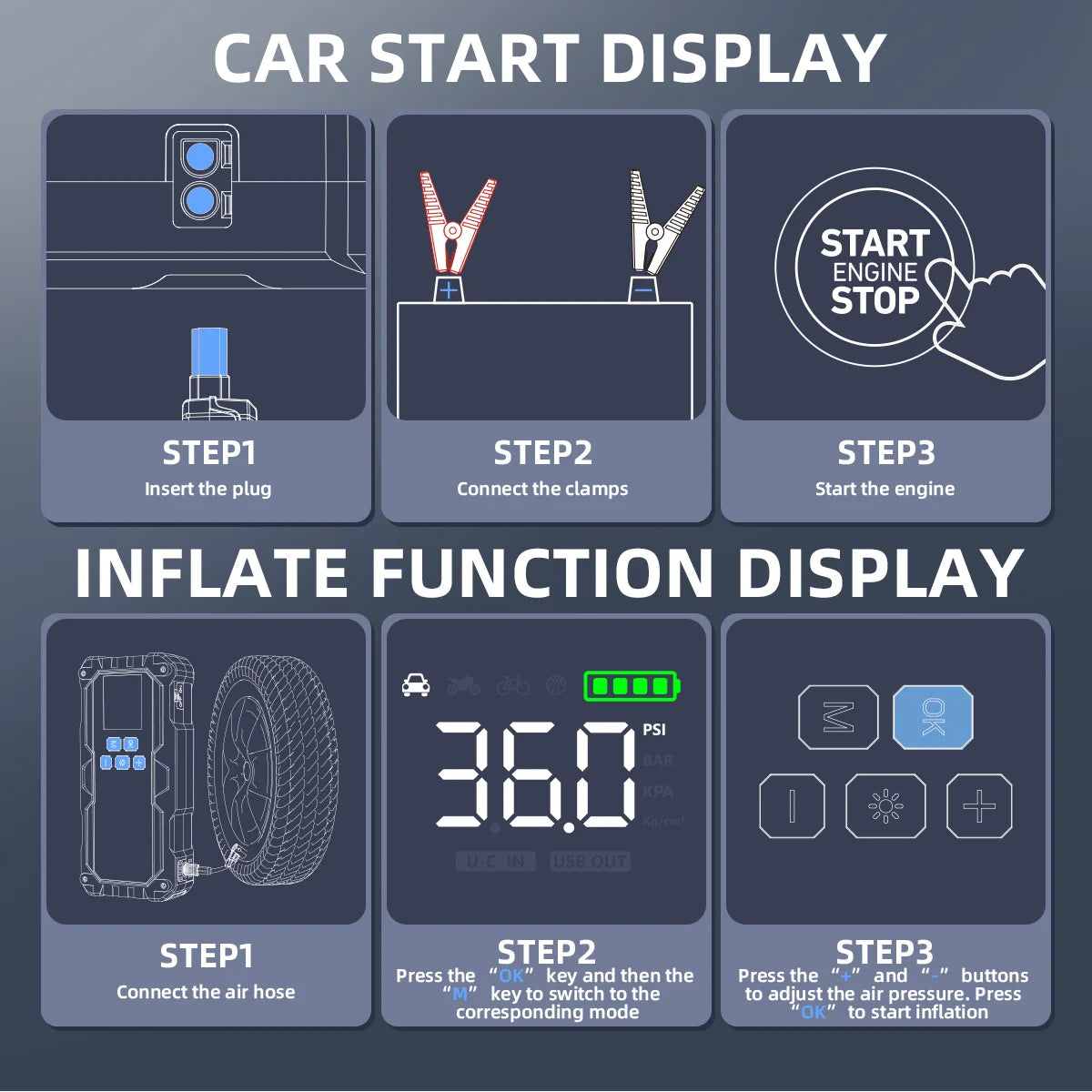 Car Jump Starter With Air Compressor For All Gas Or 10.0L Diesel