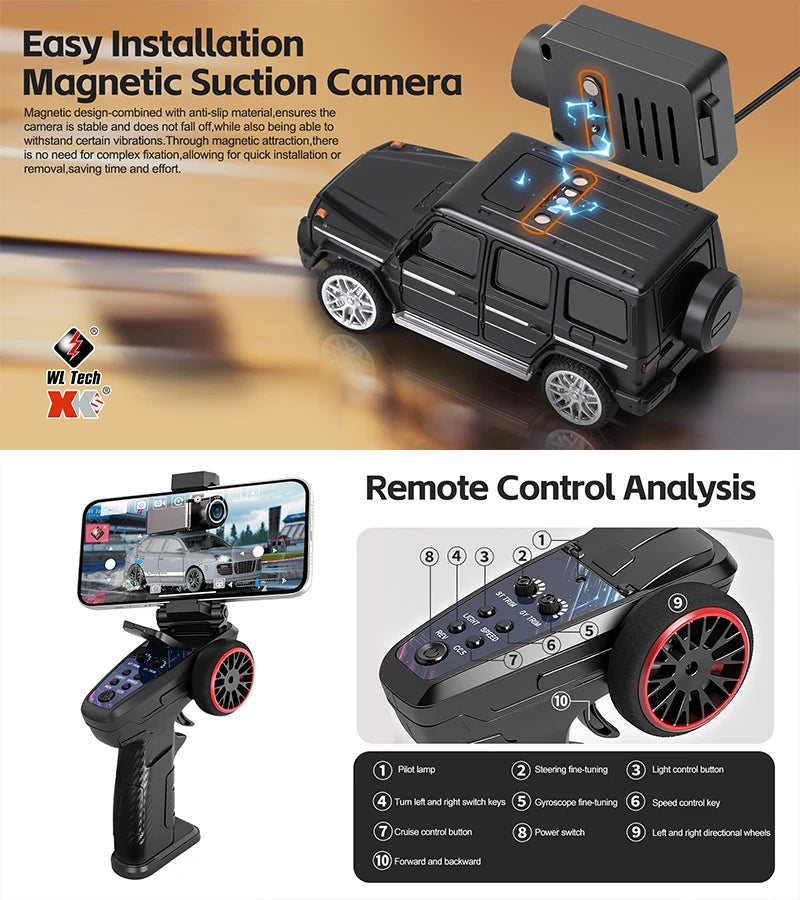 Ferngesteuertes Auto mit 720p Videokamera, steuerbar über VR und App 1:64