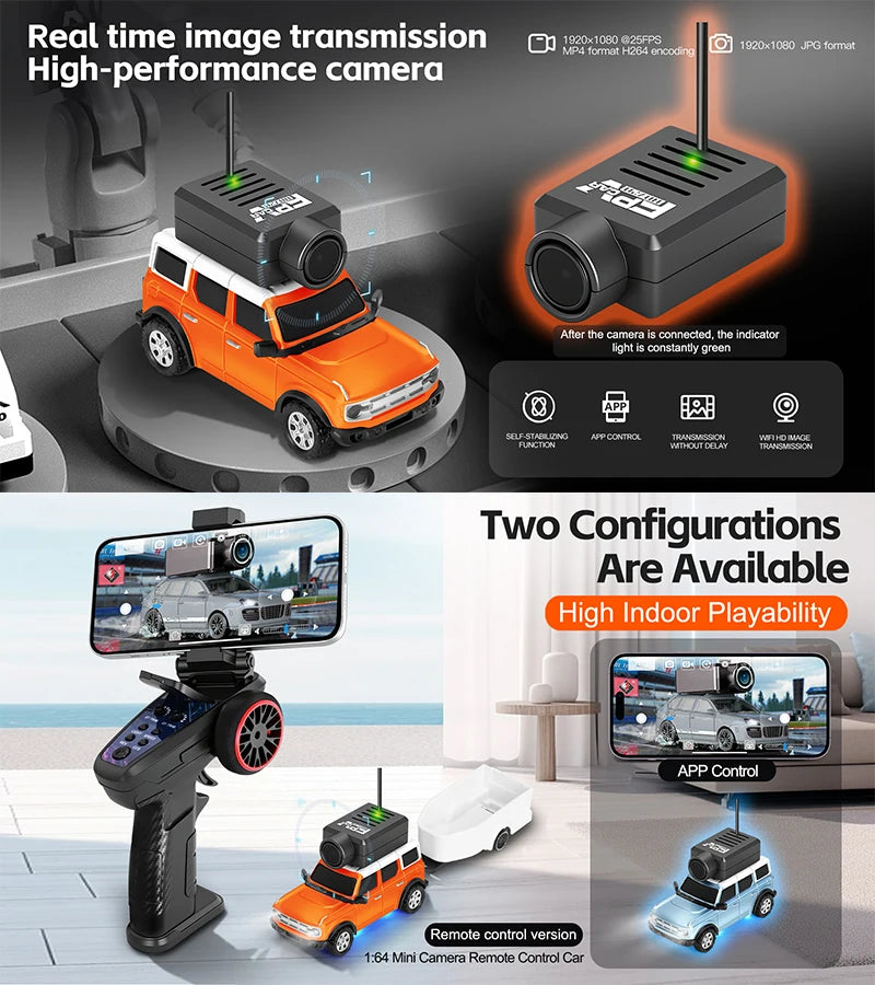 Ferngesteuertes Auto mit 720p Videokamera, steuerbar über VR und App 1:64